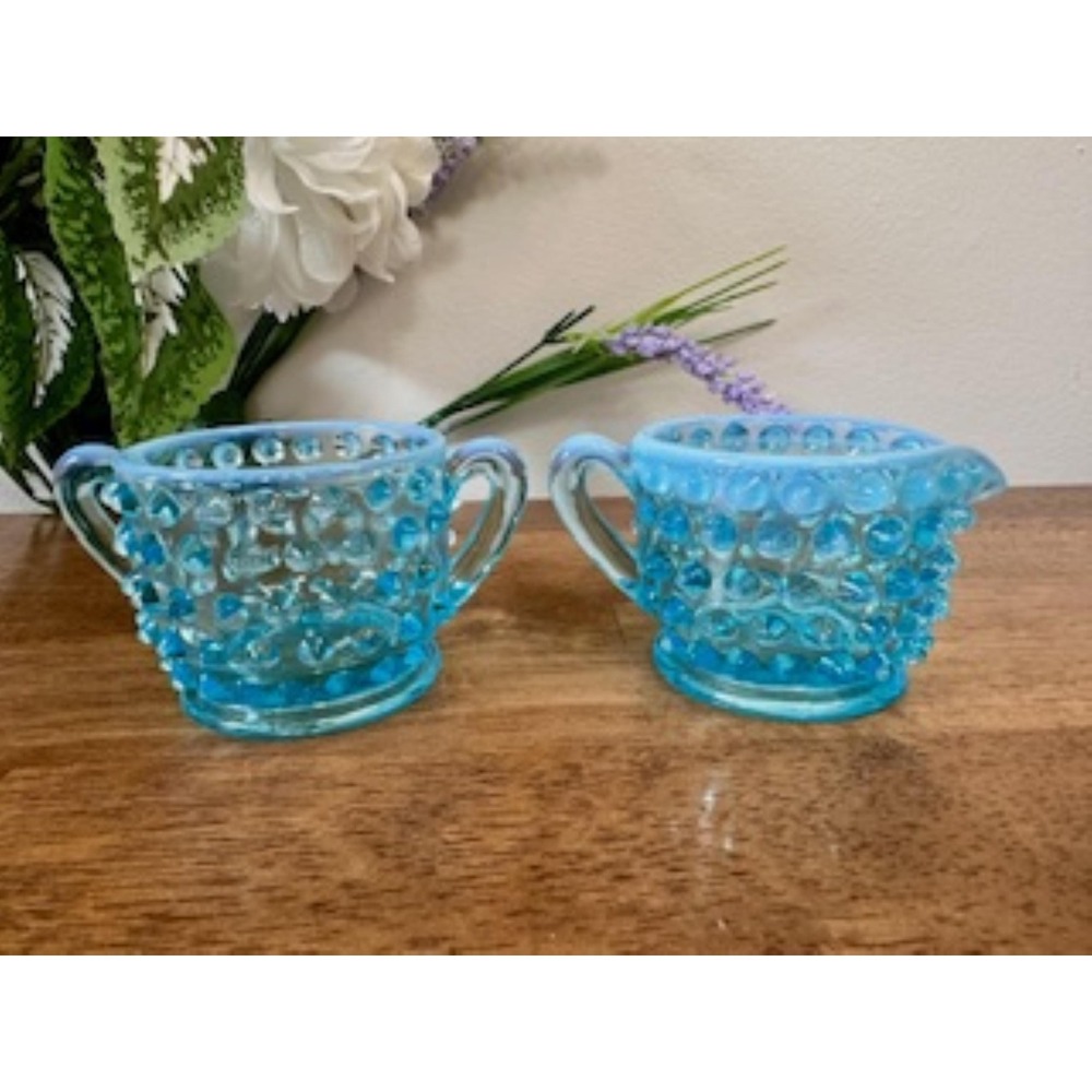 Vintage Blue Opalescent Hobnail Cream and Sugar Set Fenton Style Depression Tea
